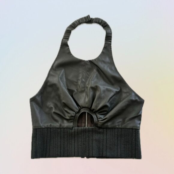 FREE SHIPPING! 3.1 PHILLIP LIM - Green Knit-Trimmed Vegan Leather Halter Top - Picture 5 of 10